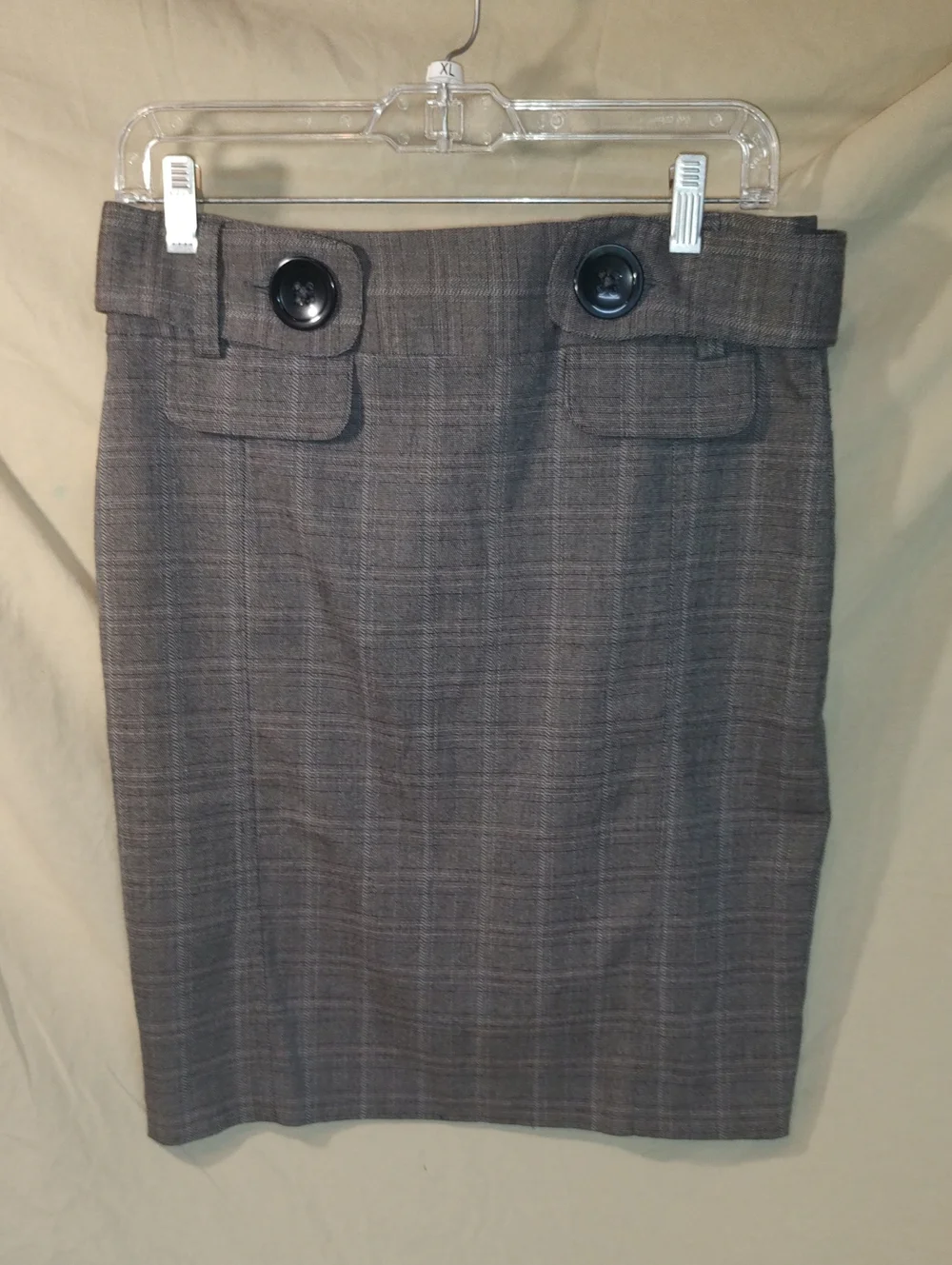 Star City Grey/Purple Plaid Pencil Skirt w/ Removable Button Belt - Size 7